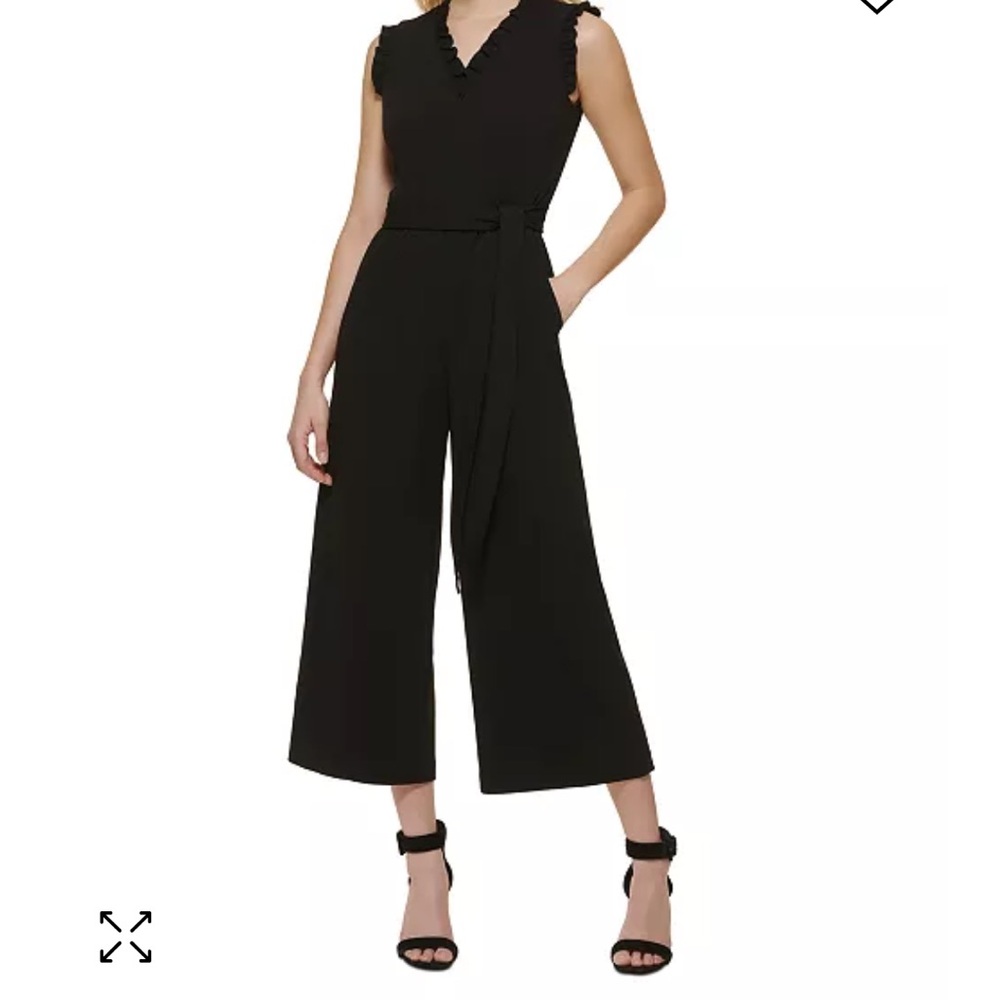 NWT Calvin Klein Women's Black Belted Ruffled Trim Jumpsuit